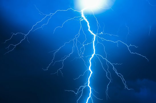Lightning during a thunderstorm, Enger, North Rhine-Westphalia, Germany, Europe