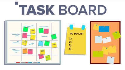 Task Board Set Vector. Sticker Notes. Scrum. Tasks For Team Work. Progress White Board. Isolated Illustration