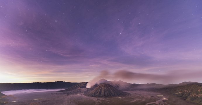 Smoking Volcano Gunung Bromo, Mt. Batok at front, Mt. Kursi at back, Mt. Gunung Semeru, morning atmosphere, dusk, Bromo Tengger Semeru National Park, Java, Indonesia, Asia