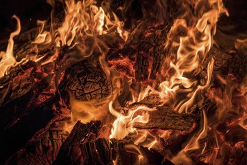 Burning wood, embers, fire