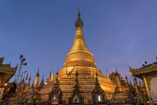Golden Stupa at dusk, Buddhist pagoda Shwemokhtaw, Pathein, Myanmar, Asia