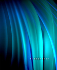 Neon glowing wave, magic energy and light motion background. Vector wallpaper template