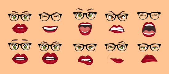 Comic emotions. Woman with glasses facial expressions, gestures, emotions happiness surprise disgust sadness rapture disappointment fear surprise joy smile despondency. Cartoon icons set isolated.