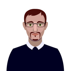 Brunette man character face avatar in glasses. Vector office man illustration isolated on white background.