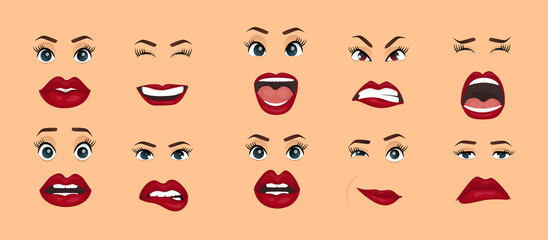 Comic emotions. Women facial expressions, gestures, emotions happiness surprise disgust sadness rapture disappointment fear surprise joy, smile cry coquetry cute mouth. Cartoon icons set isolated.