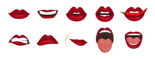Cartoon icons set isolated. Cute mouth expressions facial gestures lips sadness rapture disappointment fear surprise joy smile cry despondency coquetry cute mouth. Isolated vector illustration