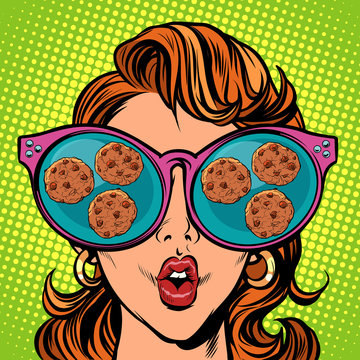 Chocolate Chip Cookies. Woman Reflection In Glasses