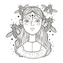 Beautiful young teenage girl, face foreground. Vintage sketch style of drawing. Sketch for tattoo, isolated print on t-shirt. Magical, mystical, ethnic style.