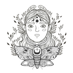 Beautiful young teenage girl, face foreground. Vintage sketch style of drawing. Sketch for tattoo, isolated print on t-shirt. Magical, mystical, ethnic style.