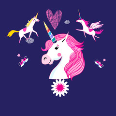 ector cartoon set of unicorns and fabulous objects.