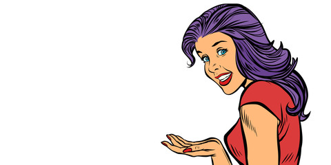 happy woman presenting gesture isolate on white background