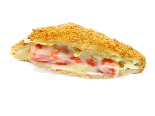 Homemade food, Closeup of a sandwich fried with Crab stick and mayonnaise isolated on white background.