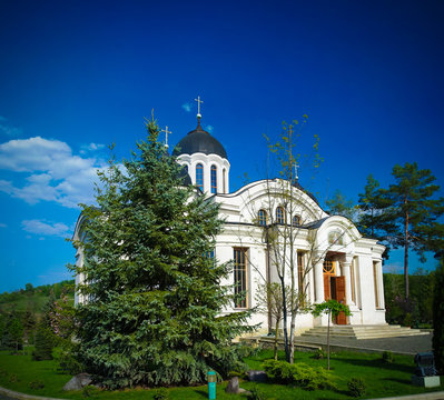 Exterior view to winter church in Curchi orthodox monastery, Orhei, Moldova