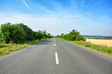 Two-lane asphalt country road, leaving beyond the horizon. Landscape with view of non urban driveway, a wheat field, trees and blue sky with white clouds.