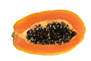 Half cut of ripe papaya with black seed isolated on white background top view with clipping path,...