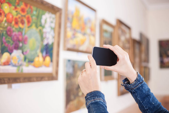 Woman photograph a painting at an exhibition in the art gallery.