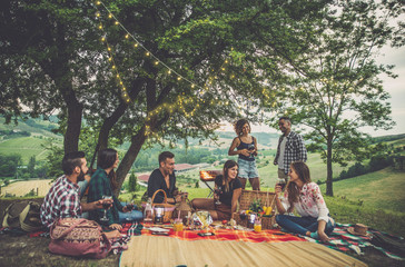 Group of friends spending time making a picnic and a barbeque - obrazy, fototapety, plakaty