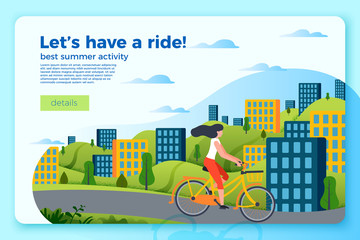 Vector bright bicycle ride banner template with girl on a bike. City and green hills on a bright blue background.