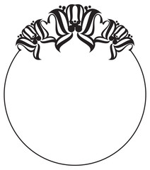 Black and white round frame with abstract flower silhouettes. 