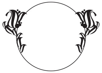 Black and white round frame with abstract flower silhouettes. 
