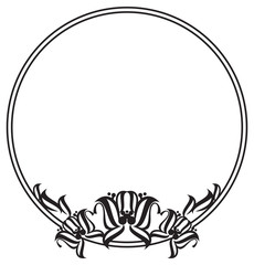 Black and white round frame with abstract flower silhouettes. 