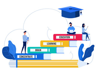 People stand on books stair steps levels of education. Education and knowledge concept.