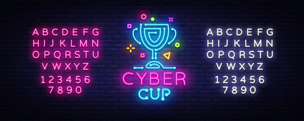 Cybersport Vector Cup emblem. Cyber Cup neon sign, design template for Cyber Championship, Gaming Industry, Light banner, Bright Neon advertisement. Vector illustration. Editing text neon sign