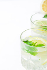 Basil lemon water. Drink infused water cocktail. Healthy lifestyle concept. Copy space