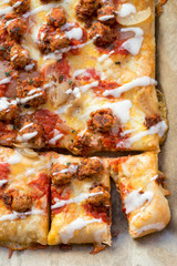 Meatballs marinara pizza. Deep style pizza with tomato sauce, topped with cheese, beef & pork meatballs, sautéed onions and garlic mayo. 