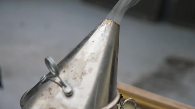 FOLLOWING SMOKE FROM BEEKEEPERS SMOKER IN SLOW MOTION