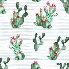 Watercolor picture of the botanical blooming cactus. Gray blue striped background. Seamless pattern.