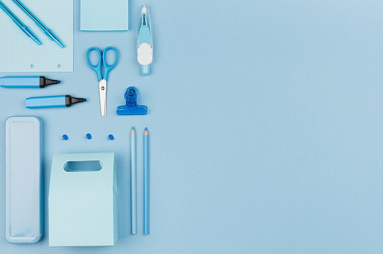 Pastel Blue Office Stationery Collection On Soft Elegance Blue Background With Copy Space, Top View.