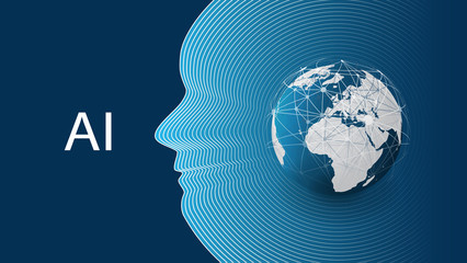 Machine Learning, Artificial Intelligence, Cloud Computing, Automated Support Assistance and Networks Design Concept with Earth Globe and Human Head