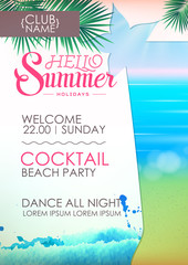 Hello summer holidays. Disco summer party poster with cocktail