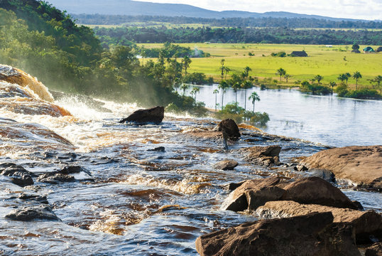 Top of El Sapito Waterfall with the View of La Gran Sabana in Laguna de Canaima, Venezuela