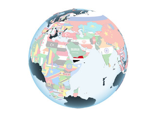 Yemen with flag on globe isolated