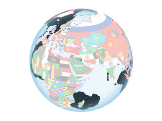 Kuwait with flag on globe isolated