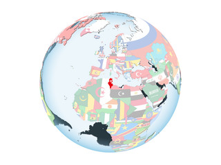 Obraz premium Tunisia with flag on globe isolated
