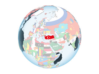 Turkey with flag on globe isolated