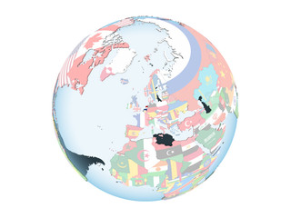 Netherlands with flag on globe isolated