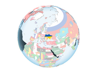 Ukraine with flag on globe isolated