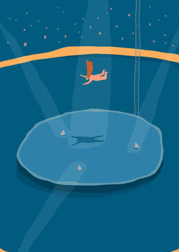 Stunt man jumping into shark pool
