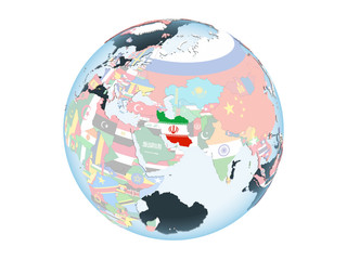 Iran with flag on globe isolated