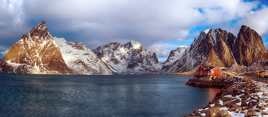 Panoramic view of the famous tourist attraction Hamnoy fishing village on Lofoten Islands, Norway...