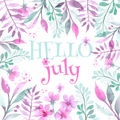Hello July. Flower frame. Watercolor botanical drawing. For postcards, calendars, web, screensavers. Pink and emarald on white.