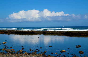 Beautiful view on Athlantic Ocean water and clouds near Las Americas beach,Tenerife,
Canary Islands,Spain.Summer travel or vacation concept.
