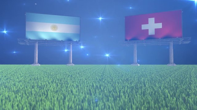 3d animated soccer ball bouncing in front of billboards with the flags of Argentina and Switzerland with flickering lights in the background in 4K resolution