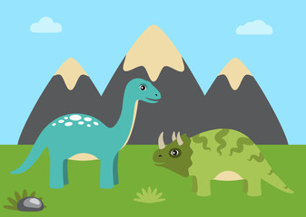 Dinosaurs and Nature with Sky Vector Illustration © robu_s
