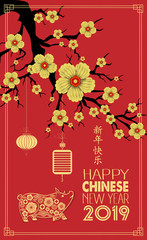 Happy Chinese New Year 2019 year of the pig. Chinese characters mean Happy New Year, wealthy, Zodiac sign for greetings card, flyers, invitation, posters, brochure, banners, calendar