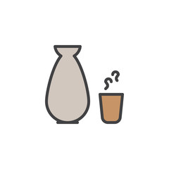 Sake Traditional Japanese alcohol drink filled outline icon, line vector sign, linear colorful pictogram isolated on white. Rice sake and cup symbol, logo illustration. Pixel perfect vector graphics
